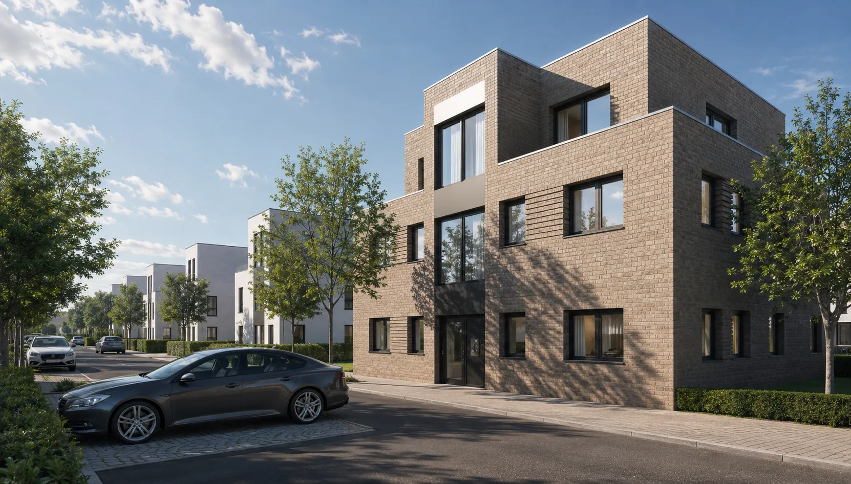 Straßenansicht Mehrfamilienhaus Cloppenburg — hochwertiger Klinker, anthrazitfarbene Fensterrahmen, Effizienzhaus 55