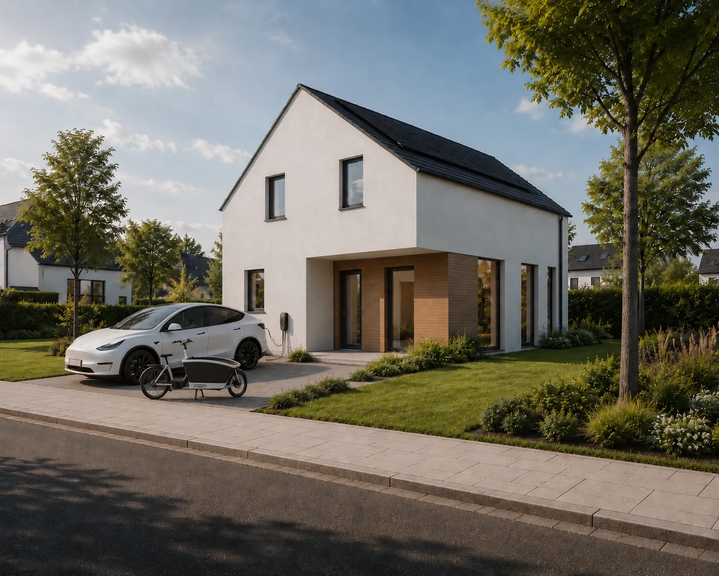 Straßenansicht individuell geplantes Massivhaus Dortmund — klare Kubatur, hochwertige Materialien