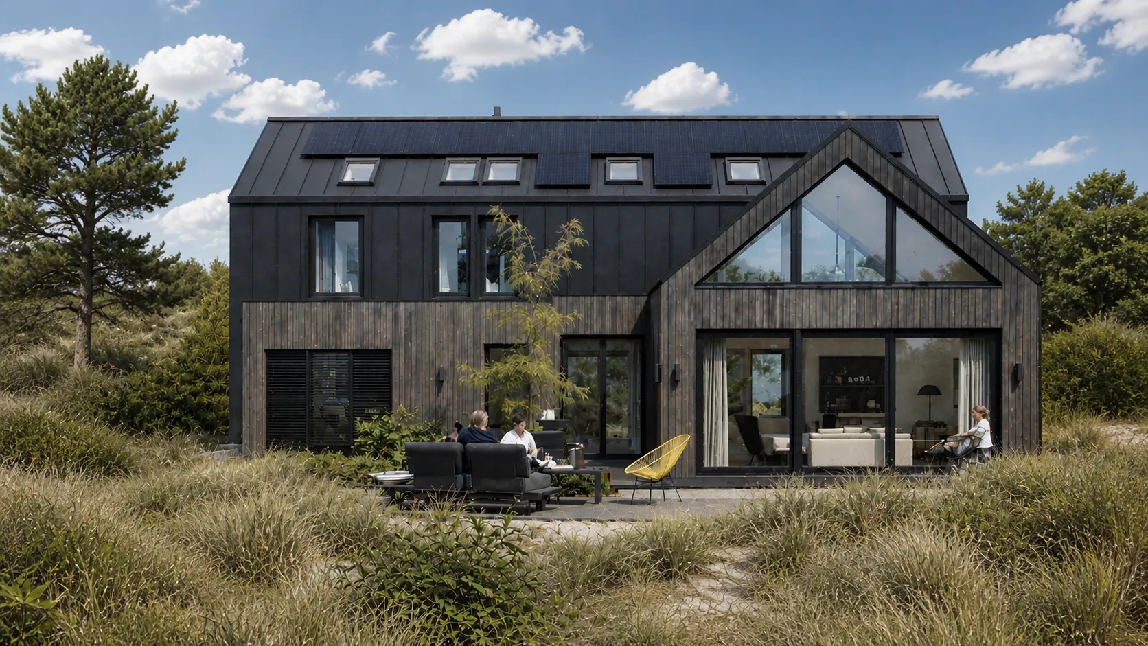 Frontansicht Ferienhaus Greetsiel — vorvergraute Lärchenholzschalung, dunkle Aluminiumhülle, großzügige Glasflächen
