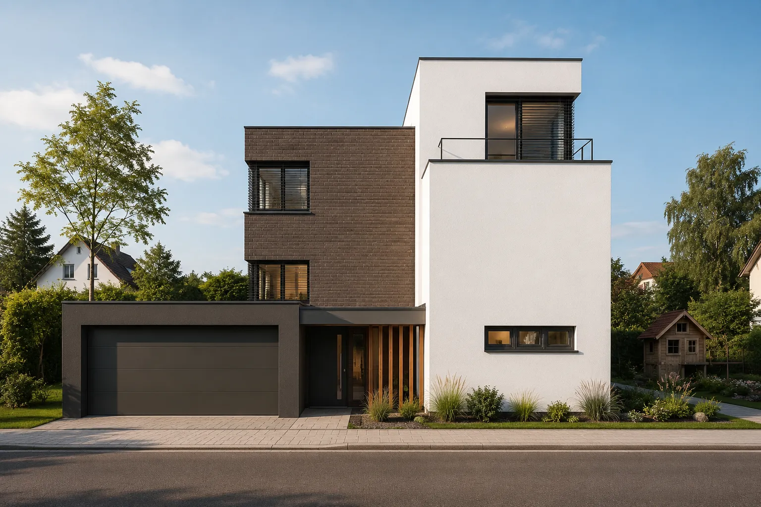 Straßenansicht Wohn- und Arbeitsgebäude Münster — Klinker, Putz und Holz im Split-Level-Neubau